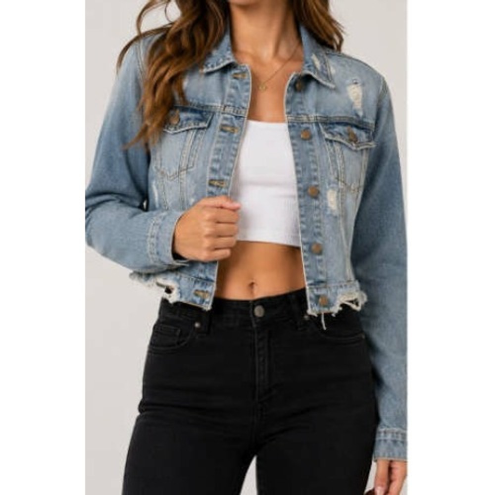 Ashley-Vintage Charm Distressed Cropped Denim Jacket Light Wash Blue